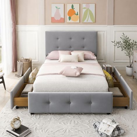 MEUBLIV Letto 90x200 cm grigio – testiera regolabile, 2 cassetti, senza materasso (1/5)