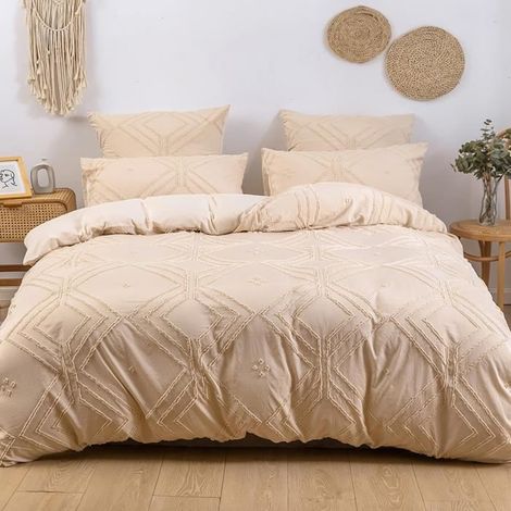Housse de Couette Touffetée 220x240 cm 2 Personnes et 2 x Taies d\'oreiller 50x75 cm Parure de Lit Boho Motif Rayures Brodé Beige (1/4)