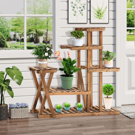 Étagère à fleurs 6 tablettes en bois de sapin carbonisé 98×28×95 cm, support stable pour pots, pour intérieur, terrasse et balcon, jardin