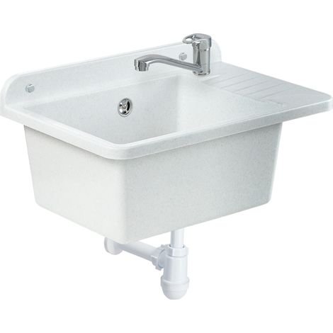 GOSPO Ausgussbecken aus Polypropylen, 50,4 x 34 x 26,5 cm, Spülbecken mit Siphon und Montageset, Was (1/5)