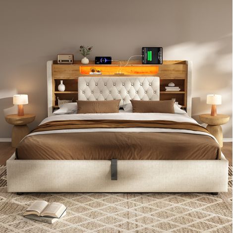 Cama tapizada retro 160x200 cm lino beige con cabecero con estantes, LED, USB/USB-C y arcón hidráulico (1/5)