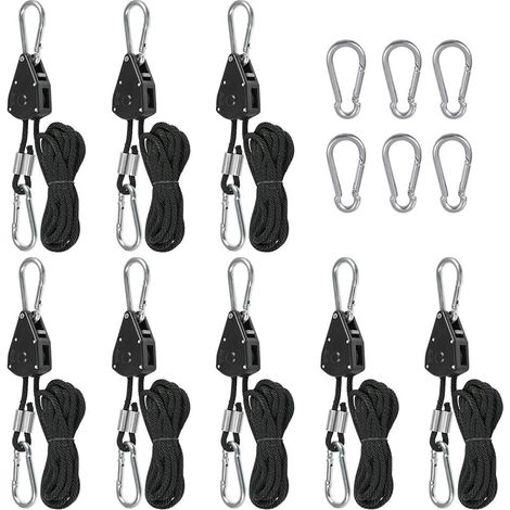 Corde à Cliquet avec Crochet 8Pcs Poulie a Cliquet 150 Livres Tendeur de Corde a Cliquet, Crochet Reglable Sangle a Cliquet pour Lampe Plante, Voile Ombrage, avec 6 Mousqueton de Recharge (1/5)