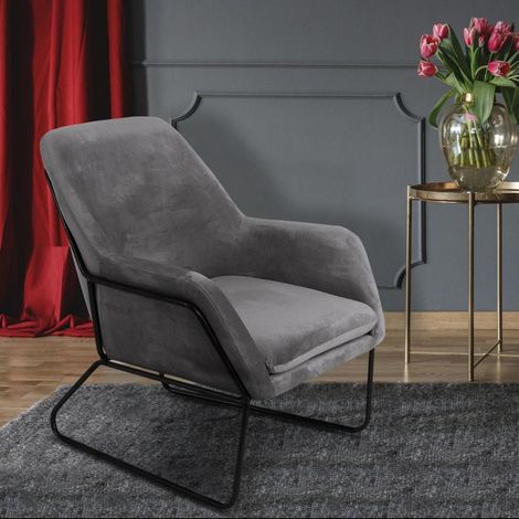 Cotecosy – Fauteuil Claudio velours gris – Profonde assise moelleuse – Pieds design métal noir – Dimensions L71 x P79 x H84cm