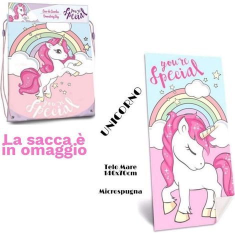TRADE SHOP - Telo Mare In Cotone Unicorni + Sacca In Omaggio Asciugamano Mare Piscina Bambine - (1/2)