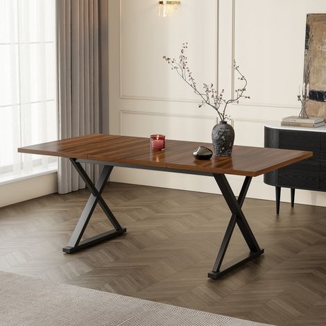 Mesa de comedor 180x90 cm color nogal en MDF con patas metálicas en X y estilo moderno (1/5)
