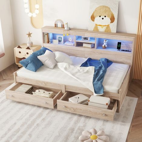Lit 90x200cm - Lit Simple 90x200 - Lit Banquette avec Étagères, LED Multicolores, Ports USB et 2 Tiroirs - en Bois Naturel (1/5)