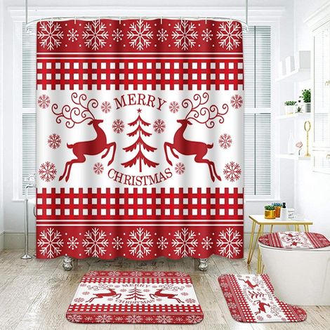 Set Salle De Bain Noel - Rideau De Douche 180 X 180 Cm - Tapis De Salle De Bain 40 X 60 Cm - Couvre-Abattant O 37 X 42 Cm - Tapis U 45 X 40 Cm - 4 Pieces (1/5)
