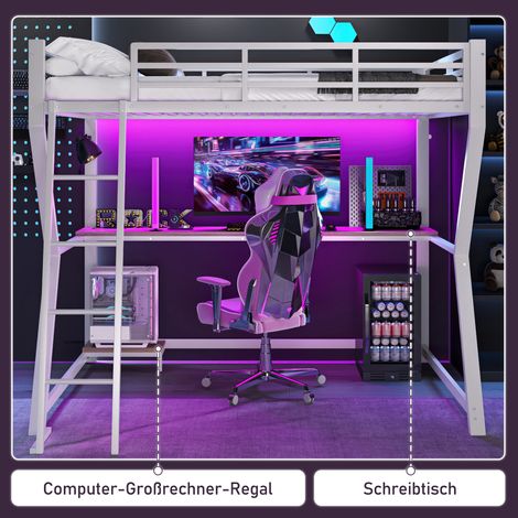 Lit mezzanine, 90 x 200 cm, avec éclairage LED, étagère pour console d'ordinateur, bureau, prise électrique + port USB, rambarde, escalier, sans matelas, blanc (1/5)