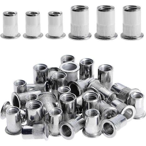 Kit de 100 écrous à sertir M6 et M8 en acier inoxydable, à tête plate, pour meubles en bois. Contient 50 écrous de chaque taille (M6 et M8). (1/5)