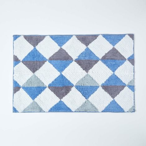 HOMESCAPES Tapis de bain antidérapant damier en 100% coton bleu, 50 x 80 cm