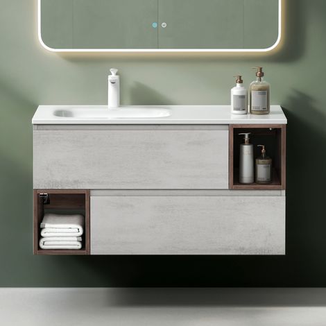 Mai & Mai Meuble de Salle de Bain Gris Clair + Marron avec Lavabo Meuble sous Vasque 100x48x54cm Meuble Suspendu avec 2 Tiroirs (1/5)