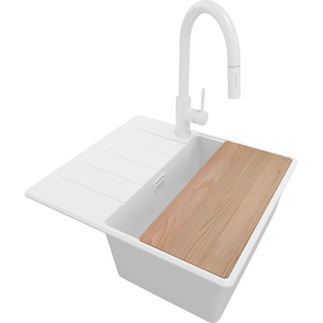 PRIMAGRAN Evier Cuisine en Granit 55x50cm, Lavabo 1 bac + Kit de Vidage + Accessoire, Évier à Encastrer au meuble 40cm - Copenhague, Tout Blanc (1/5)