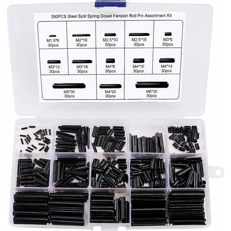 390-teiliges Sortiment an Federstiften aus Manganstahl (M1,5, M2, M2,5, M3, M4, M5, M6) mit Box (1/5)