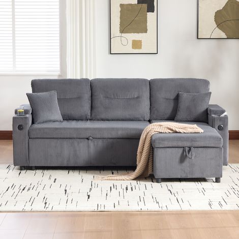 Canape lit 3 places en velours cotele, USB-C, chaise longue, rangement, gris charbon (1/5)