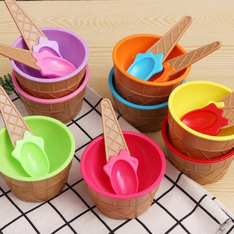 Set di 7 coppette per gelato con cucchiaini - Coppette per gelato creative a forma di waffle dai colori vivaci, a doppia parete, resistenti alle cadute e al calore - Adatte a bambini, dessert e gelati (1/5)