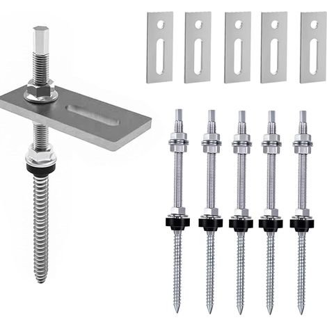 Lot de 6 M10 x 250mm Vis Filetage Double avec 6 Plaques Fixation, Boulons Suspendus Matériau Acier Inoxydable, Chevilles Hauteur Réglable pour Installation Toits Bâtiments, Photovoltaïque Solaire, PV (1/5)