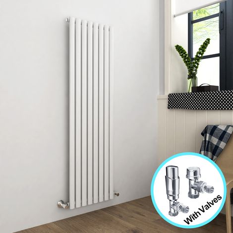 ELEGANT Vertical Radiator 1600 x 472mm Single Panel Designer White Oval Column Heating Rad with Chrome Thermostatic Radiator Valves (1/5)
