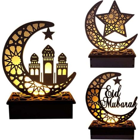 Decorazione islamica in legno per Eid al-Fitr, Ramadan, Eid al-Adha, luna cava, stella a cinque punte con luci LED, ornamenti artigianali, senza batterie, Crezuo-Crezuo