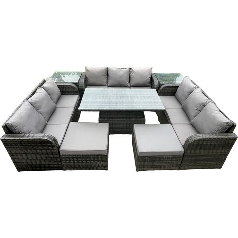 Fimous 11 places Jardin Salle à manger Set Meubles d'extérieur en rotin Canapé décontracté Table élévatrice réglable en hauteur avec 2 tables d'appoint 2 grands repose-pieds gris foncé Mix (1/5)