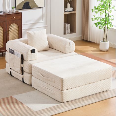 Canapé modulable en corduroy beige avec pouf, cadre métal, 112 x 190 x 67 cm (1/5)