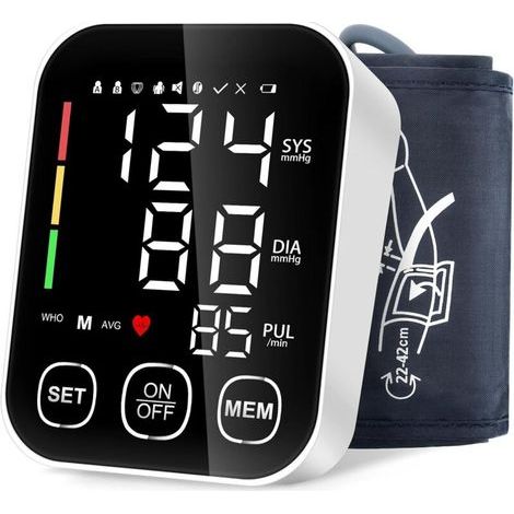 Oberarm-Blutdruckmessgerät, professionelles Oberarm-Blutdruckmessgerät mit großem LCD-Bildschirm, Herzrhythmusstörungserkennung, großer Manschette (22–42 cm), 2,99 Speicher (1/4)