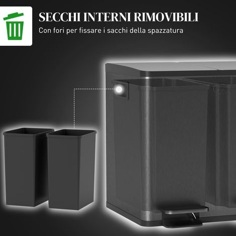 Poubelle double compartiment 15 L avec fermeture amortie, noir, acier inoxydable et PP, 41,7 x 36,6 x 43,2 cm (1/5)
