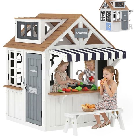 Cabane enfant extérieur en bois, maison enfant extérieure avec chatière, ustensiles de cuisine, banc et sonnette, blanc