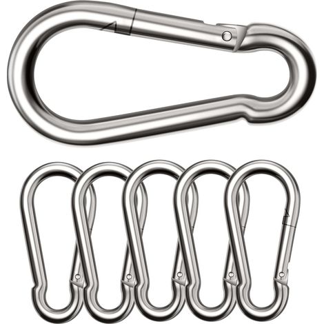 Lot de 6 grands mousquetons - Charge maximale : 300 kg - Diamètre : 8 x 80 mm - Galvanisés - Mousquetons avec crochet à ressort - Pour sac à dos, laisse pour chien, camping, voyage, randonnée, (1/5)
