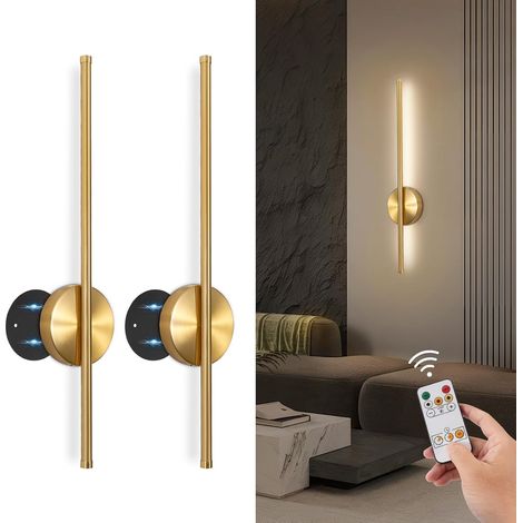 60 cm Appliques Murale LED Intérieure, Or, Lot de 2  Lampe Murale Sans Fil, 3 Températures de Couleur, Luminaire Mural à Batterie avec Télécommande pour Chambre à Coucher Salon (1/5)