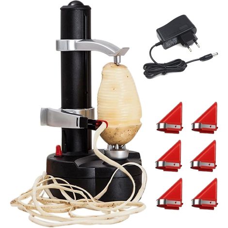 Éplucheur Électrique Automatique pour Pommes de Terre, Fruits et Légumes – 6 Lames de Rechange Incluses + Adaptateur 6 V