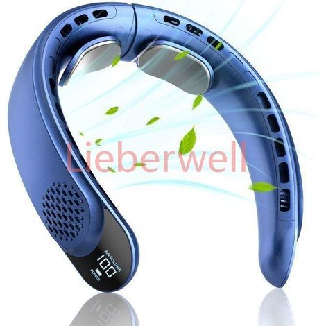 4000mAh, Bladeless PASSIONOVA Neck Fan Portable Wearable Fan, 3 Speeds, 360° Airflow, LED Display, USB Rechargeable, 8W, Blue, for Outdoor and Office (1/3)