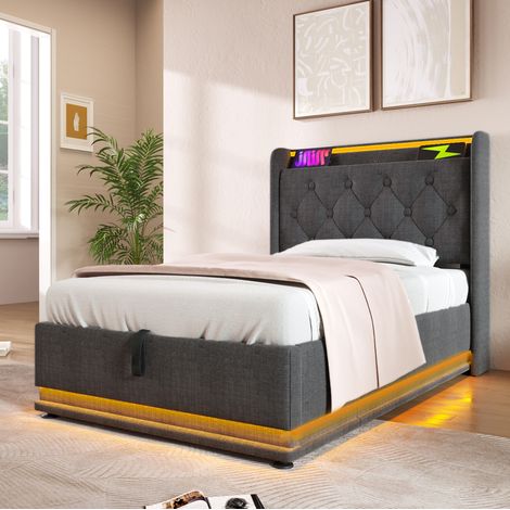 Bett Bettgestell Stauraum 90x200 Leinen Grau OKMYHOME (1/5)