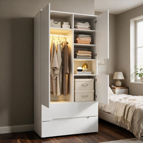 Armoire de chambre, dressing penderie avec LED, 3 portes 2 tiroirs et tringle, design moderne avec verre, pour chambre adulte enfant bureau, blanc (1/5)