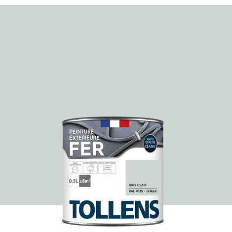 Peinture fer extérieure 2 en 1 - Ultra Résistante, séchage rapide et antirouille - TOLLENS - Brillant - Gris Clair - 0,5L = 8m2