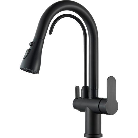 Matte Black 3 Way Water Filter Kitchen Mixer Tap, Twin Handle Hot Cold Drinking Water Tap, Pull Out Sink Faucet with 360° Swivel Spout (1/5)