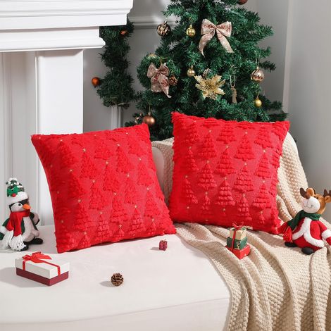 Lot de 2 Housses de Coussin Sapin de Noël Rouge 40 × 40 cm, Fausse Fourrure Douce avec Étoiles, pour Chambre Canapé, sans Garnissage (1/5)