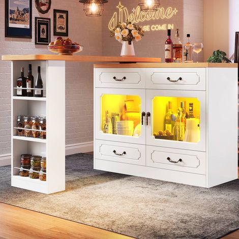 Table bar extensible 135‑203×39×92,8 cm blanc led pivotante 360° avec rangement – îlot saloncuisine (1/5)