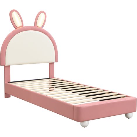 Letto per bambini imbottito a forma di coniglio con LED 90 x 200 cm in PU rosa e bianco (1/5)