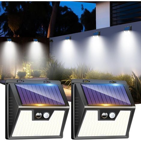 Lot de 2 lampes solaires d'extérieur avec détecteur de mouvement, 176 LED ultra-lumineuses, étanches IP65, 3 modes d'éclairage, blanc froid [Classe énergétique E], pour jardin, garage, cour, extérieur