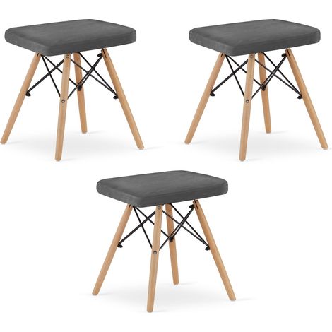 Lote de 3 taburetes Valora PEKO de terciopelo gris con patas de madera, estilo elegante (1/5)