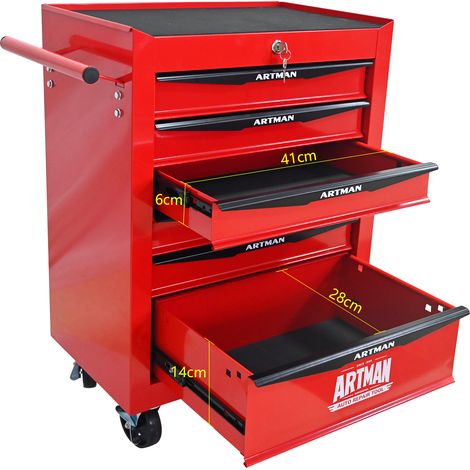Chariot d'atelier mobile en acier avec 6 tiroirs, 60 x 33 x 77,5 cm, couleur rouge et noir (1/5)