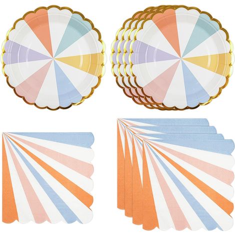 Lot de 50 Vaisselle Jetable Anniversaire, Couleur Rayées Assiettes en Carton et Serviettes Festonnées pour Barbecue Anniversaire Enfants Fête Décorations (Couleur) (1/5)