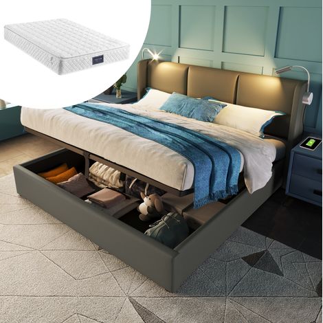 Letto imbottito 140x200 cm con contenitore e lampada LED USB grigio (1/5)