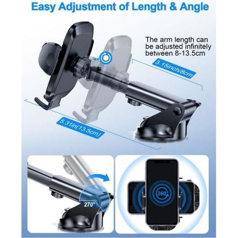Support Telephone Voiture - Déverrouillage Un Bouton - Rotation 360 Degres - Fixation Clip Et Ventouse - Universel Pour Smartphones - 1 Piece (1/4)