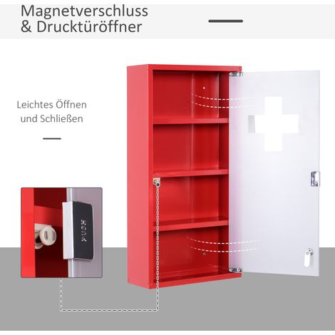 Armoire à pharmacie verrouillable, 4 compartiments, porte vitrée, acier, 60x30x12 cm, rouge (1/5)