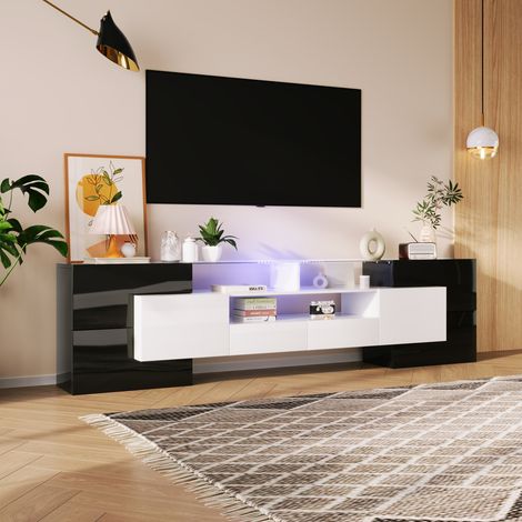 Meuble TV Grand Format 200 cm Blanc Laqué et Noir avec Plateau Verre, Éclairage LED Multicolore App, 6 Portes, 2 Tiroirs, Console TV pour Salon Design Contemporain - Noir+Blanc (1/5)