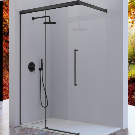 KASSANDRA PAVÍA Mampara Walking Frente Ducha Fijo + Puerta Corredera con Tirante Negro Mate Transparente - Medida: 106-110 cm - ref: AI1080516S200106