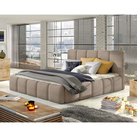 Bestmobilier – Lit coffre 180x200 cm – Revêtement velours taupe – Sommier inclus – Coffre de rangement – Tête de lit rembourrée pour confort (1/4)