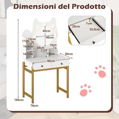 Design Chat Coiffeuse avec Miroir LED 3 Couleurs Table de Maquillage avec Prises USB et Tiroirs pour Chambre Blanc (1/5)