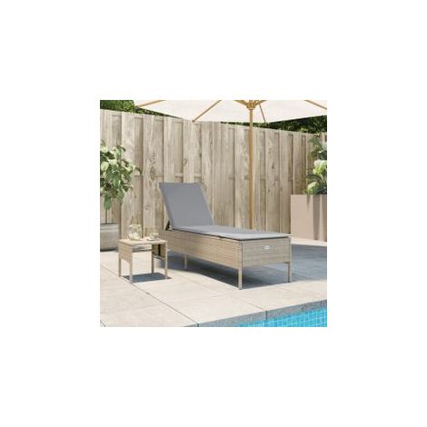 Chaise longue avec table et coussin beige résine tressée (1/5)